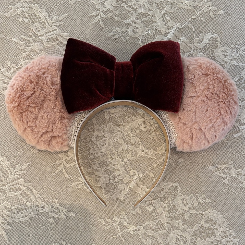 Dainty Coquette Plush Blush Pink Minnie Ears Headband with Burgundy Velvet Bow